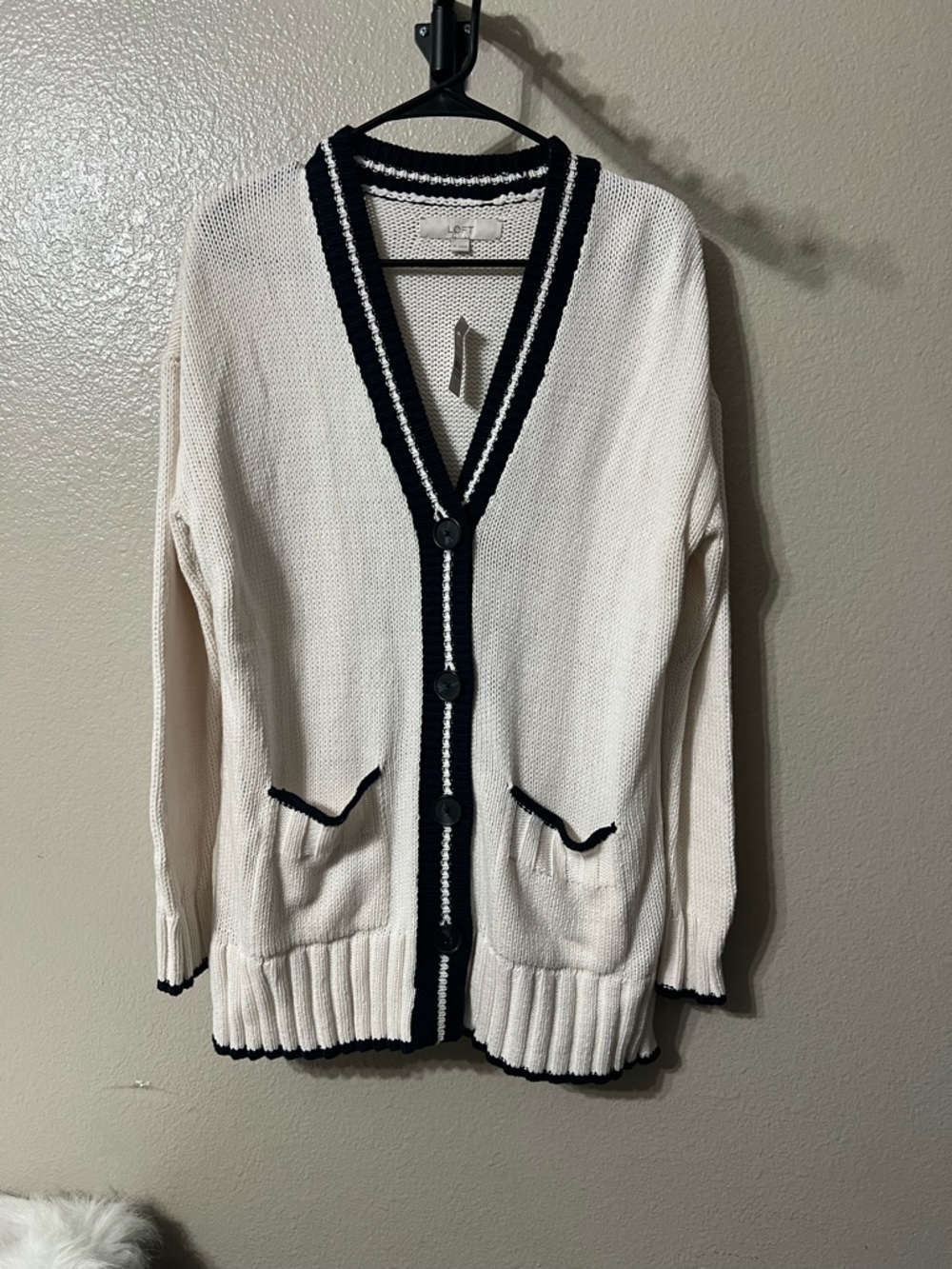 LOFT Cream Cardigan with Navy Trim